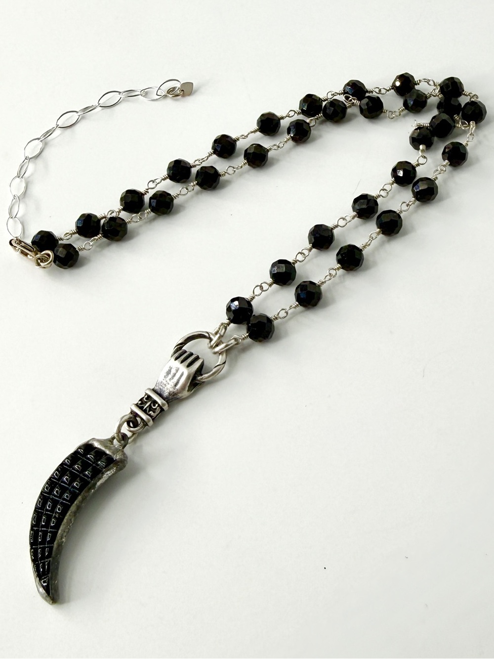 Vintage Glass Hand Necklace, Sterling Silver Victorian Style Black Spindel Neckl